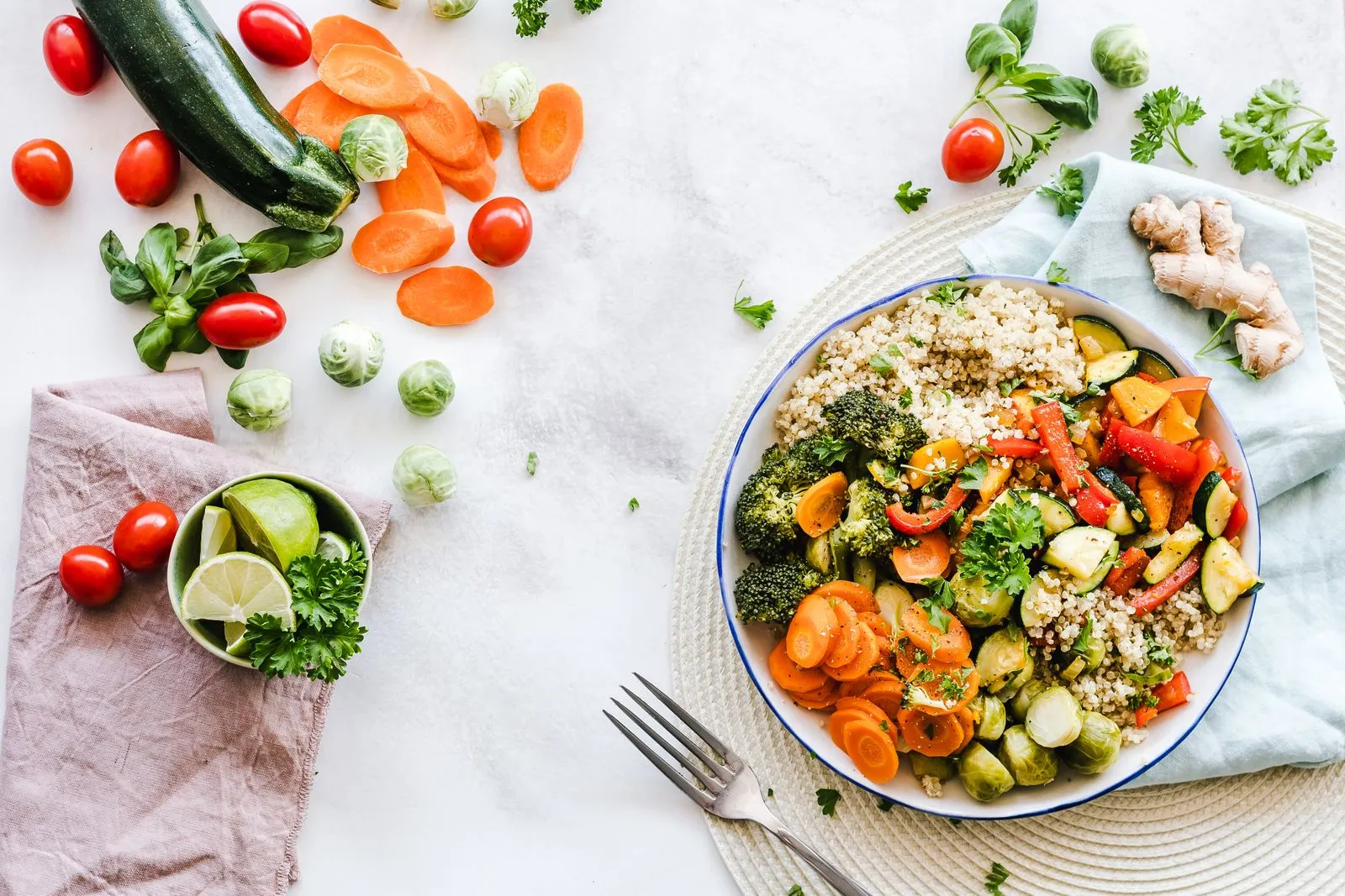An assembled bowl of grains, beans and vegetables made without cooking